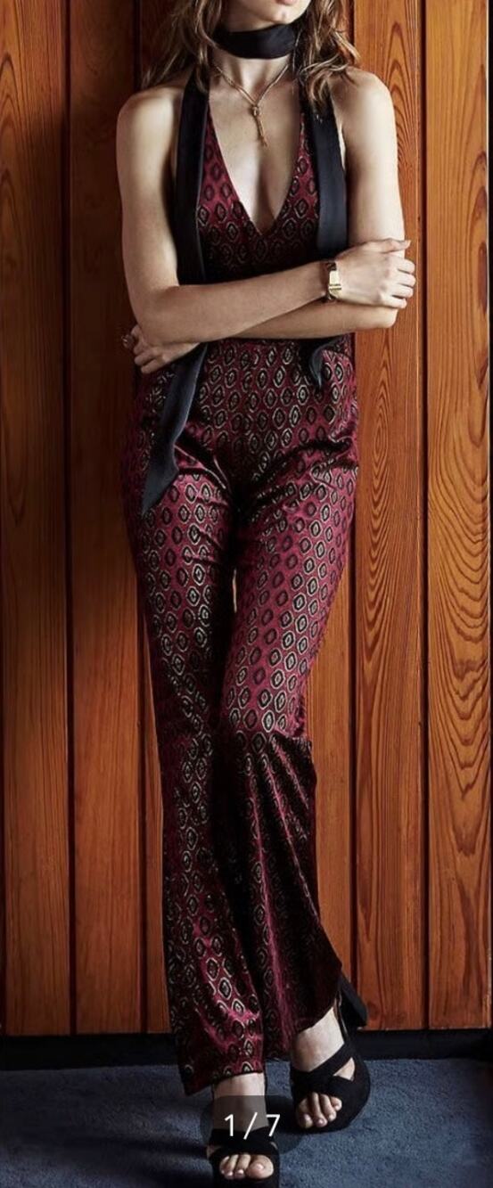 Motel Rocks Velvet Halter Jumpsuit, Burgundy,Flare Leg, Stretch Size S